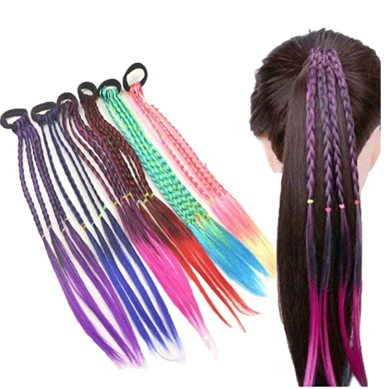 Heallor 1pc Gradient Synthetic Hair Ponytail Rope Tie Girl Colorful Braid Princess Color Tail Wig Children's Braider Styling Acc