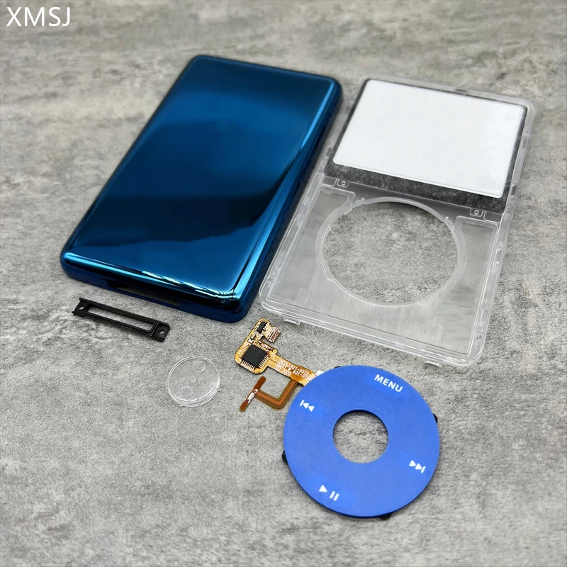 Przezroczysta, przezroczysta pokrywa przednia, przycisk clickwheel, niebieska metalowa obudowa tylna do iPoda 5th video 30gb 60gb 80gb