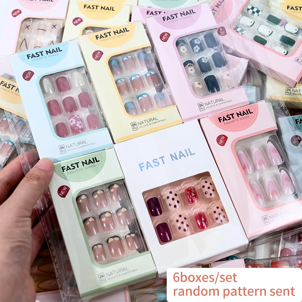 6packs(144pcs) Short Square Press On Nails Mixed Design Fake Nails Full Cover Ballerina False Nails For Women & Girls #Random *&