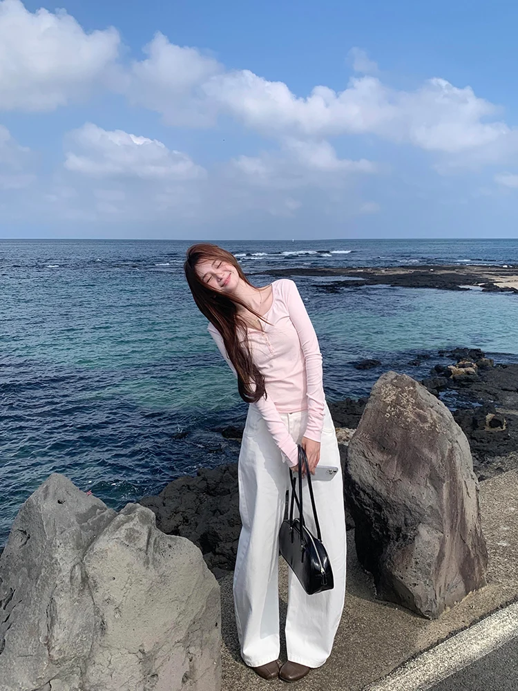 Slim Fit largo Sve Henry Collar Base irt ropa interior camiseta para mujeres coreano Sle Pure Desire otoño Top BM tendencia