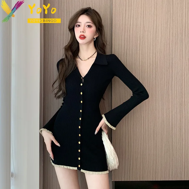 2024 Autumn/Winter Formal Fashion Black Knitted Flared Sleeve V-neck Dress Elegant Elastic Soft Slim Fit Party Sweater Dress