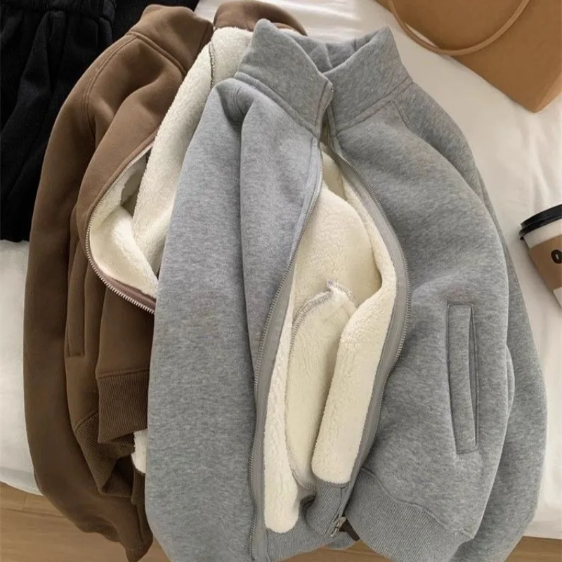 Winter Thickened Cashmere Jacket Sweatershirt Coat Hooded Women Casual Sporty Minimalist Warm Stand Collar Zipper Solid Normcore