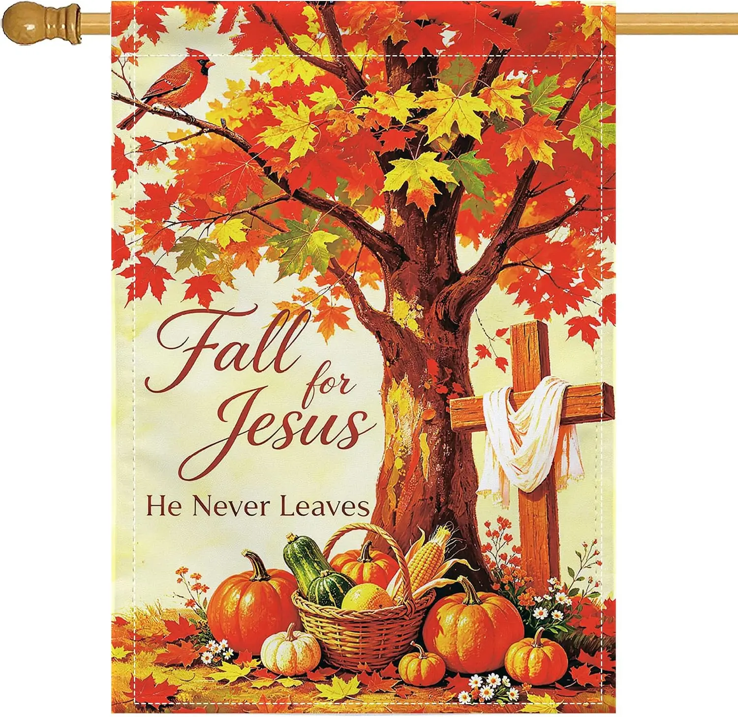 Fall for Jesus House Flag 28x40 Double Sided for Outside, Autumn Thanksgiving Pumpkin Cardinal Cross Fall Outdoor Flag Large llp