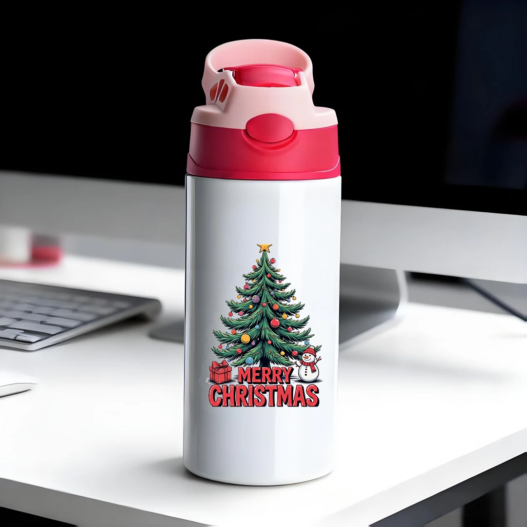 

304 stainless steel thermal cup + cartoon Christmas tree theme + straw kids water cup set Christmas gift box set