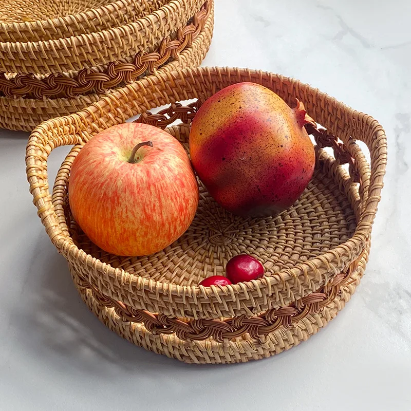 Handmade Real Rattan Round Fruit Basket, Snack Bread Basket Tray, Living Room Snacks Sundries Storage Basket