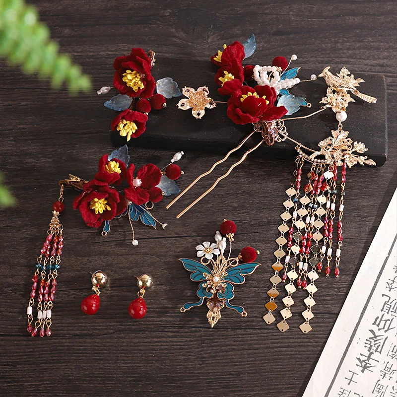 

Women Hanfu Red Flower Hairpin Headpiece Hair Accessories Set Long Fringed Vintage Hairpin Flower Handmade Wedding Hair Jewelry