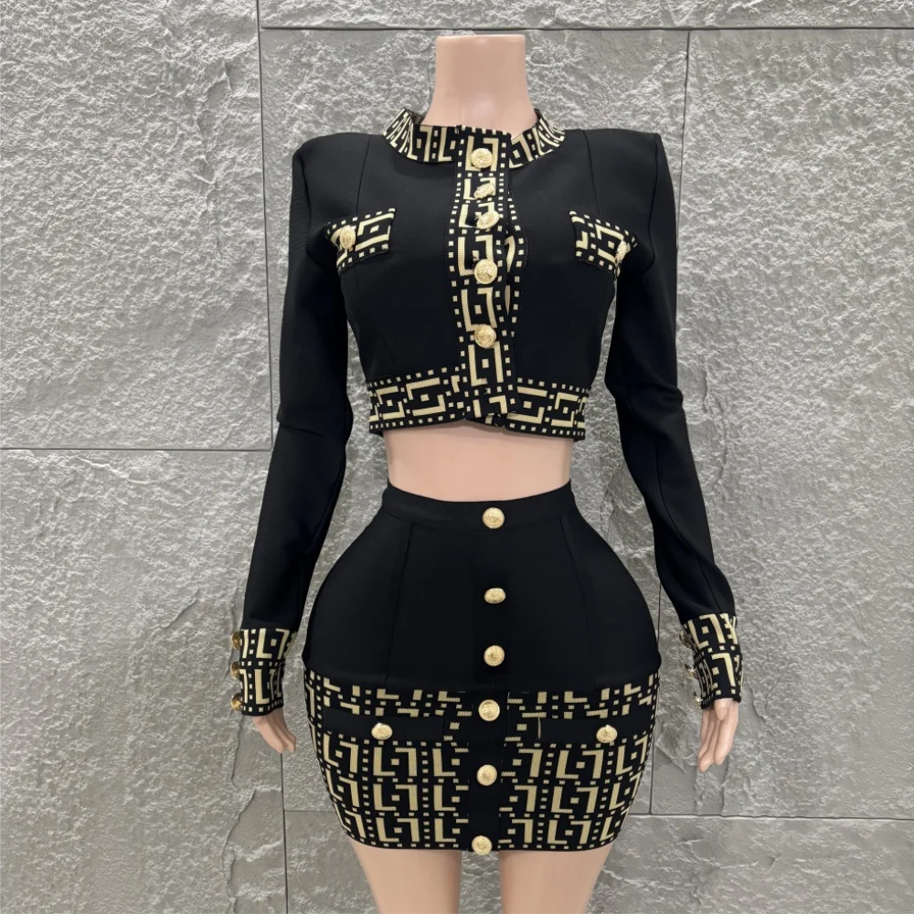 Hot Sale Women Sexy Long Sleeve Button 2 Pieces Bodycon Mini Bandage Dress Birthday Nightclub Party Bar Singer Stage Wear