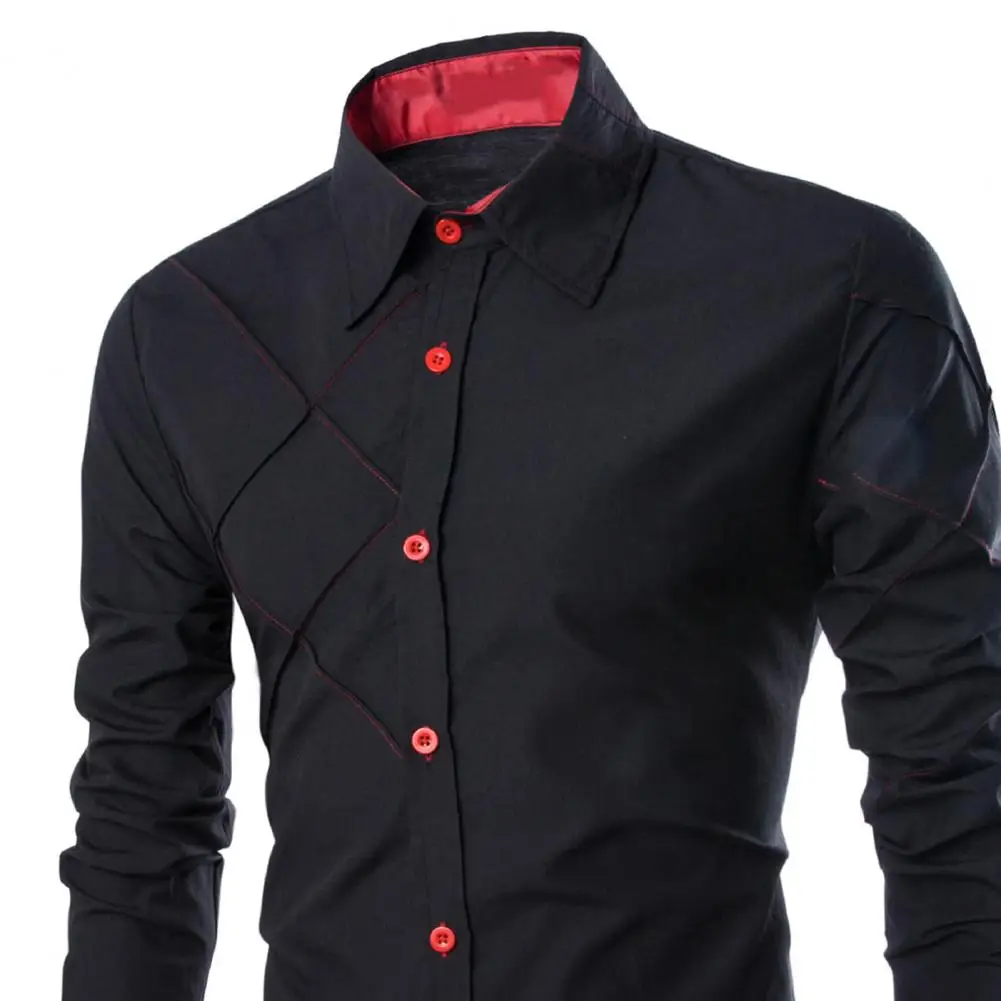 Lapel Long Sleeve Single-breasted Sewn Texture Men Shirt Solid Color Business Dress Shirt Top Office Business Dress Shirt