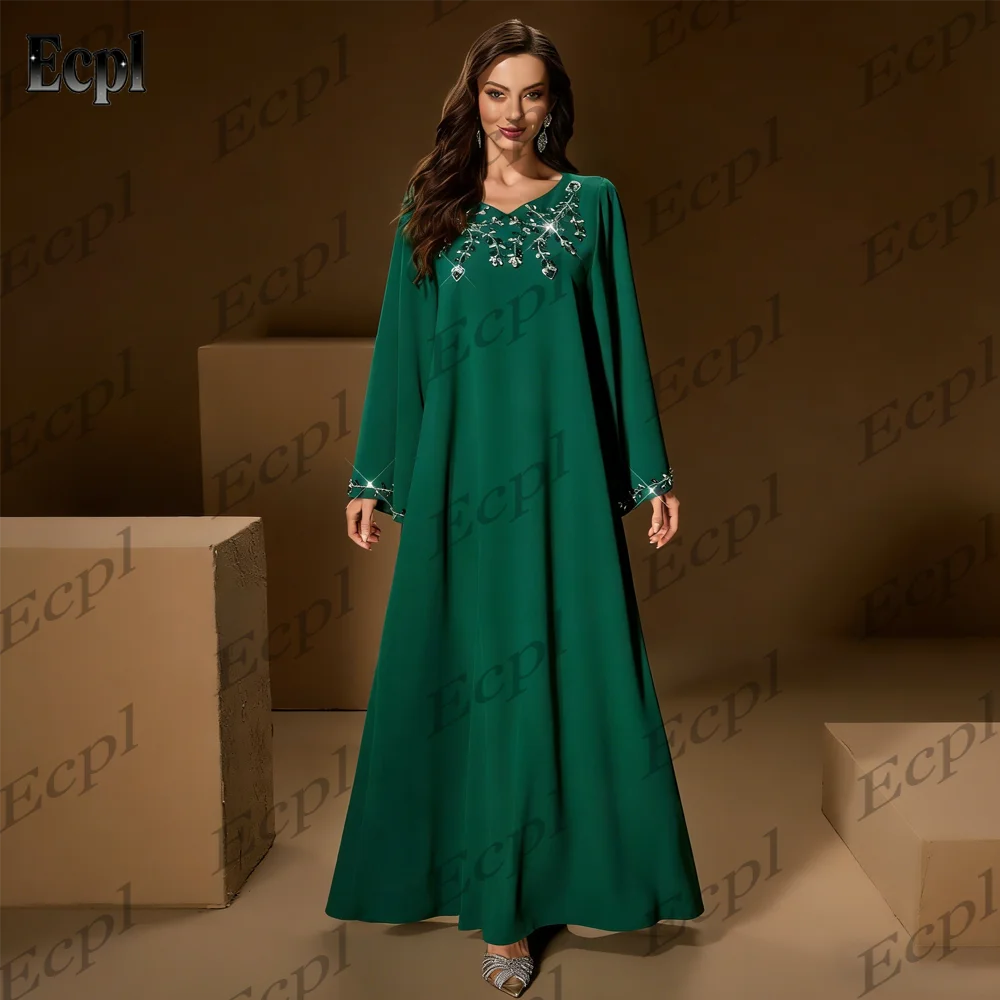 

2026 Ecpl Green Elegant Crystal Evening Dress New Formal Cape Sleeves Wedding Guest Dresses Woman Floor Length Customized فسا