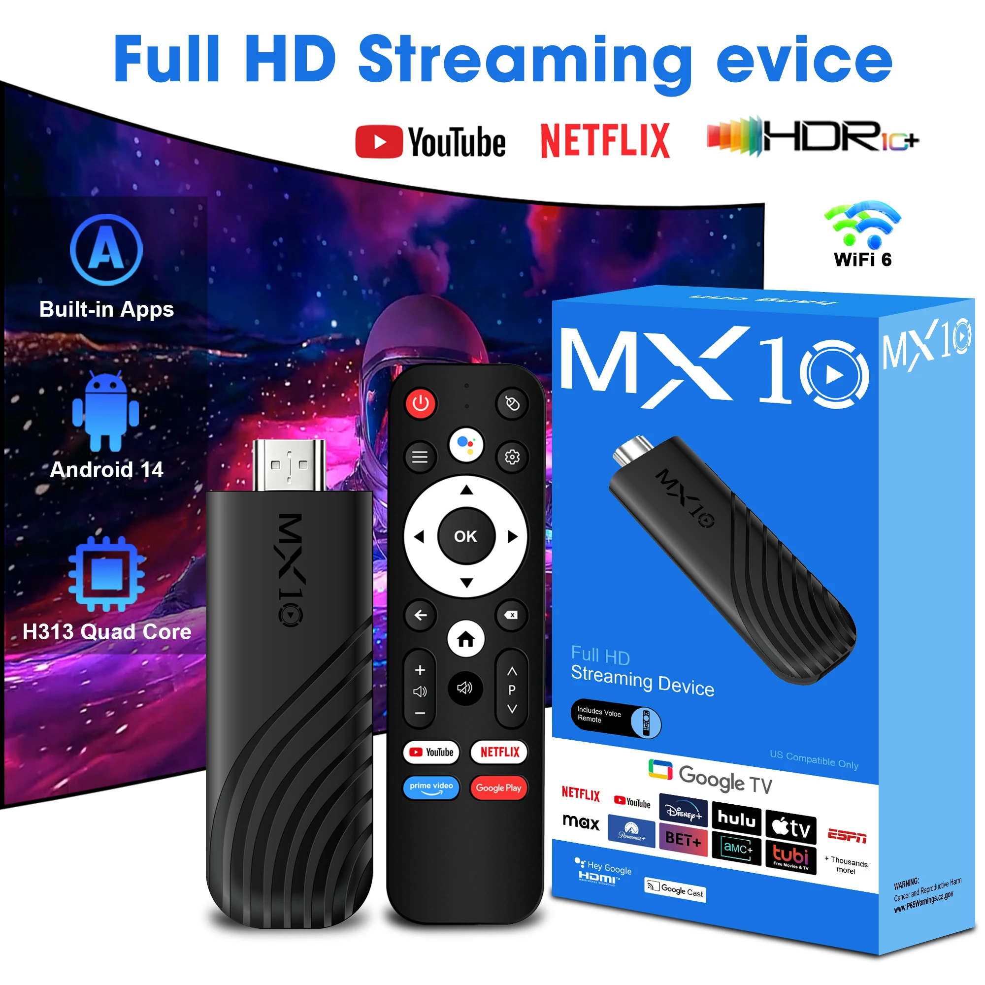 Android 13 MX10 Stick TV Streaming Stick Allwinner H313 8GB RAM 128GB eMMC HDMI 2.0 Support 4K UHD Wireless Dongle