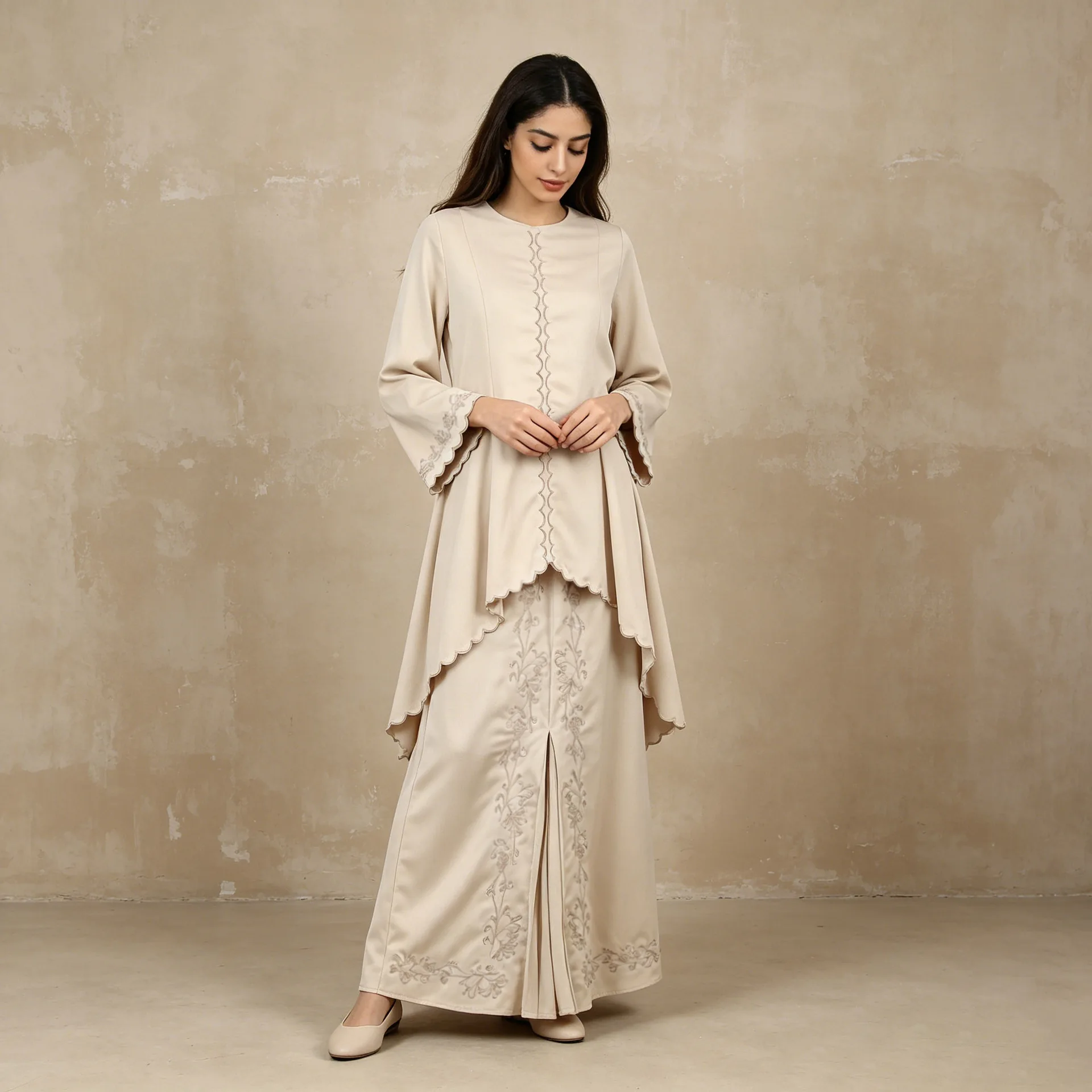 Solid Color Elegant Embroidered Loose 2 Pieces Sets for Women Middle East Muslim Fashion Female O-neck Tops Ankle Length Skirts