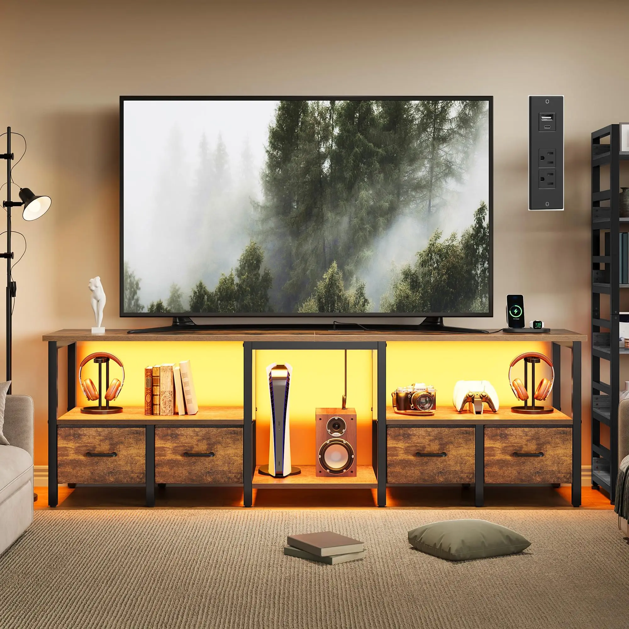 

LED TV Stand For 55 Inch TV With Power Outlets And Fabric Drawers Modern Industrial Entertainment Center
