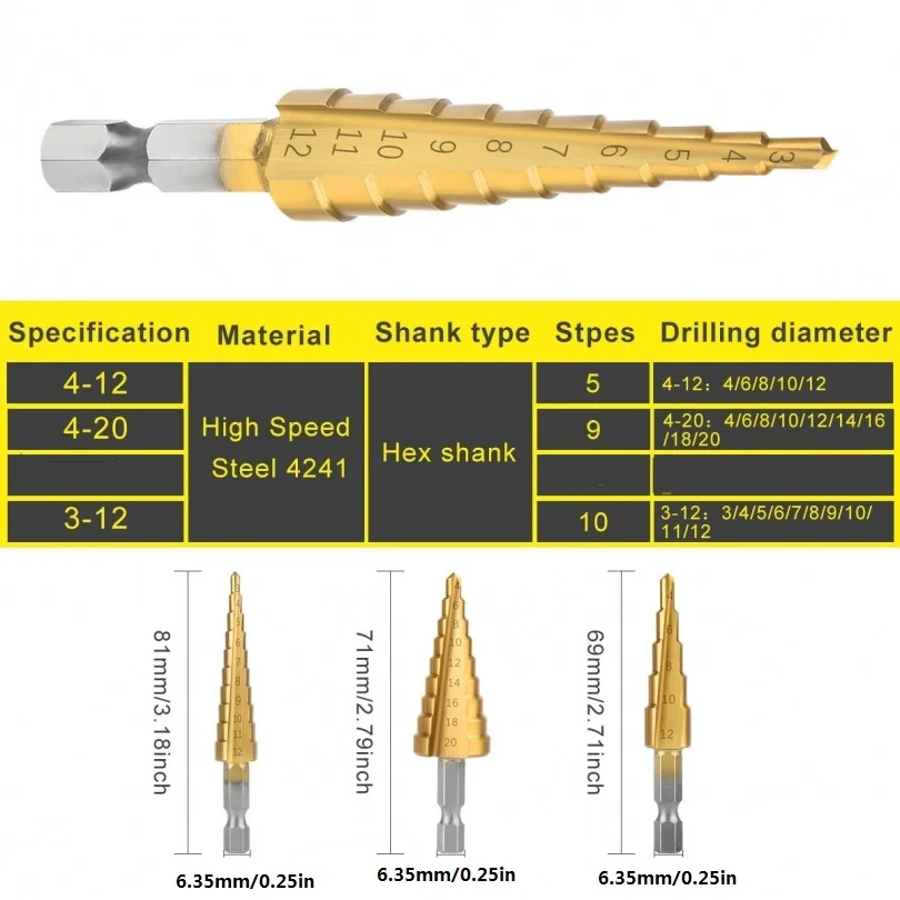 Punta da trapano a gradino rivestita in titanio con scanalatura dritta HSS 3 pezzi 3-12mm 4-12mm 4-20mm per utensili per la lavorazione del legno per foratura di carotaggio