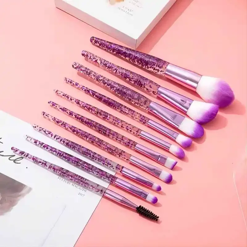 Conjunto de pincéis de maquiagem com alça de glitter elegante, 10 peças, mistura facial profissional, blush, sombra, delineador, pincéis cosméticos labiais