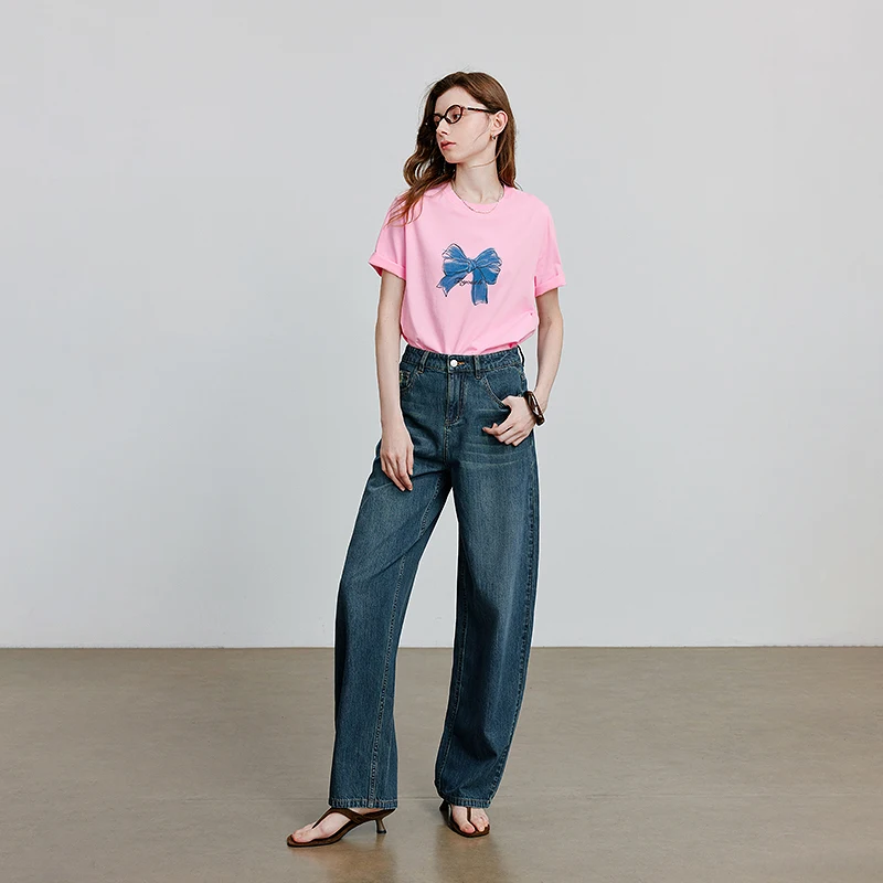 토유스 여성 반팔 티셔츠 2025 여름 신상 리본 프린트 코튼 캐주얼 만능 티셔츠 8521120