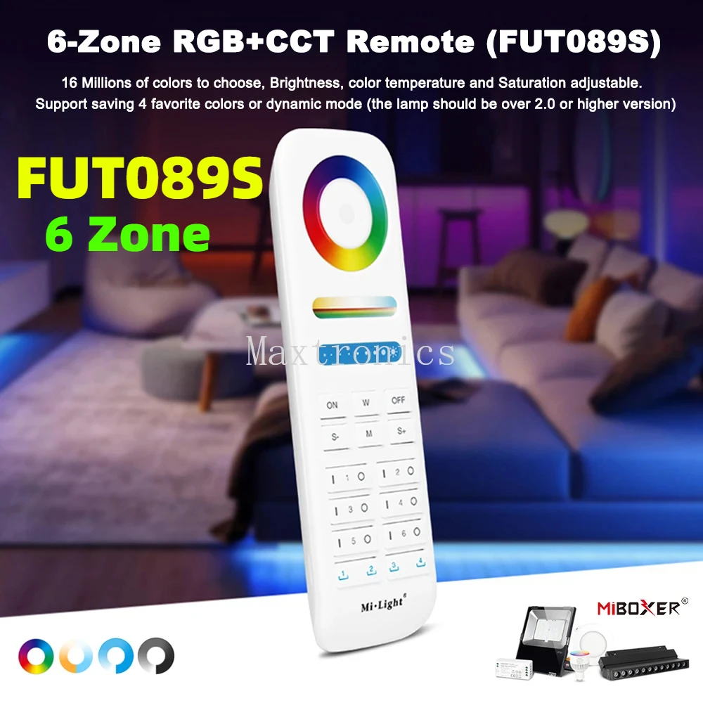 

FUT089S Miboxer 2,4 ГГц 6-зонный RGB + CCT RF сенсорный пульт дистанционного управления для одноцветных/CCT/RGB/RGBW/RGB+CCT светодиодных лент серии светодиодных ламп