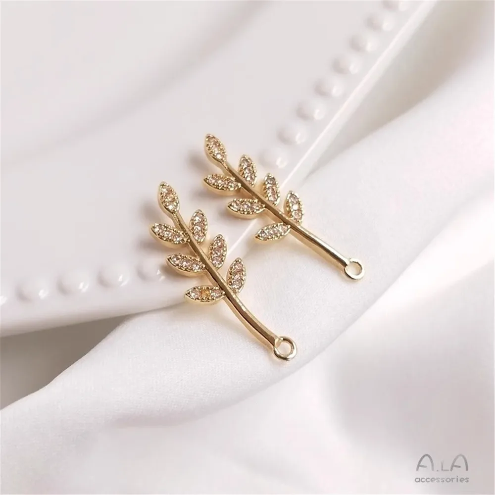 Color-preserving Copper 14K Gold Micro-inlaid Zircon Leaf Pendant Handmade Diy Collarbone Necklace Earrings Jewelry Pendant