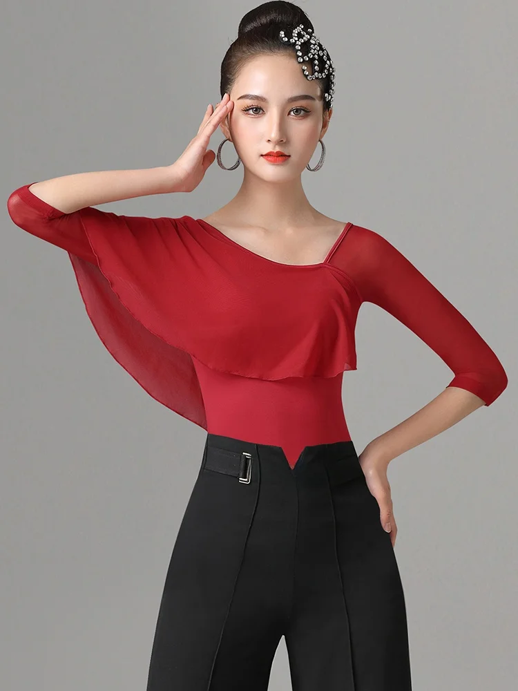 بلوزة رقص لاتيني أنيقة للنساء البالغات، ملابس رياضية تنافسية عصرية قياسية، مصنوعة من البوليستر بأكمام قصيرة، مناسبة لرقصات ال...