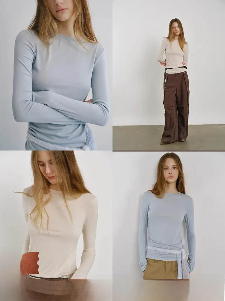 

Ультрамягкая трикотажная футболка из смесовой шерсти с круглым вырезом, облегающая, для повседневной носки, базовая, для зимнего сезона