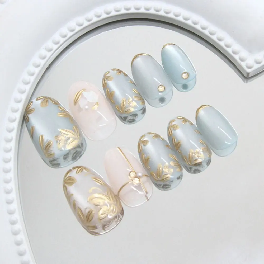 24pcs Manicure Oval False Nails Green Grape Cat Eye French Fake Nials Sparkling Fragments Detachable Press on Nails DIY