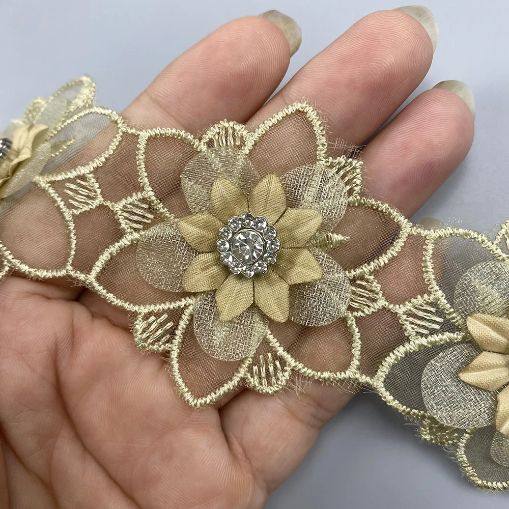 10Pcs Gold Flowers Lace Trim Embroidered Lace Fabric Diamond Sewing Supplies Crafts For Costume Hat Wedding Dress Decoration