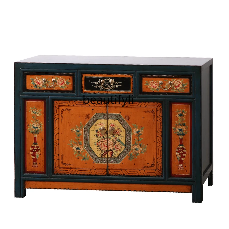 

New Chinese Style Entrance Cabinet Shoe Cabinet Vintage Solid Wood Painted Sideboard Cabinet Hand Painted Curio Cabinet