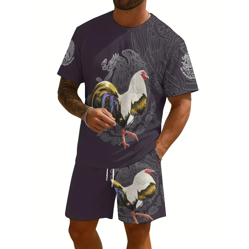2025 New Summer Round Neck T-shirt Fashion 3D Digital Printed Chicken Pattern Men's Shorts Short Sleeve Set Two Piece Set