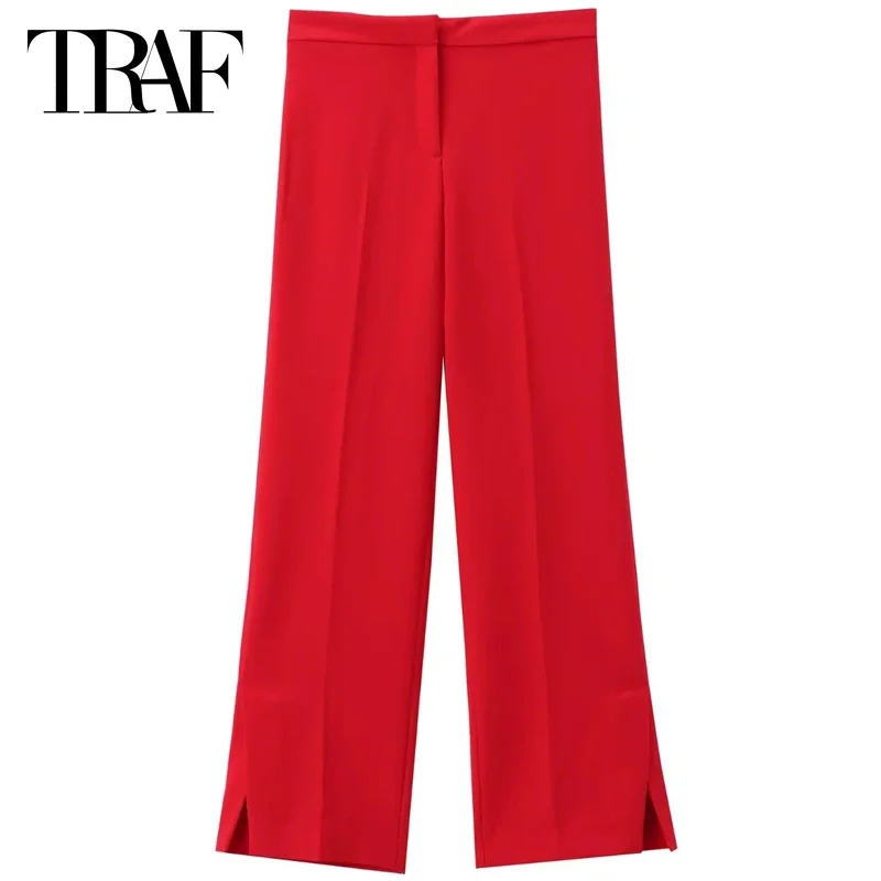 TRAF Fashion Women's Solid Trouser Leg Slits Red High Waist Straight Pants Summer New In Pants Elegant Women's Pants 2024 Trend