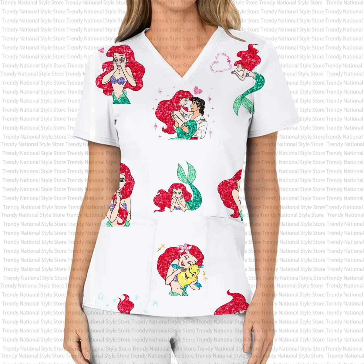 Disney Sirenetta Principessa Alice T-shirt da donna per negozio di animali ospedaliero da donna Uniforme da infermiera stampata Top opaco per allattamento