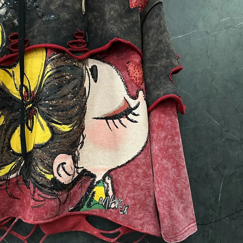 Unique Design Distressed Fake 2-Piece Cartoon Little Girl Hooded Color Block Sweatshirt Loose Casual Top Autumn New Hoodie Women