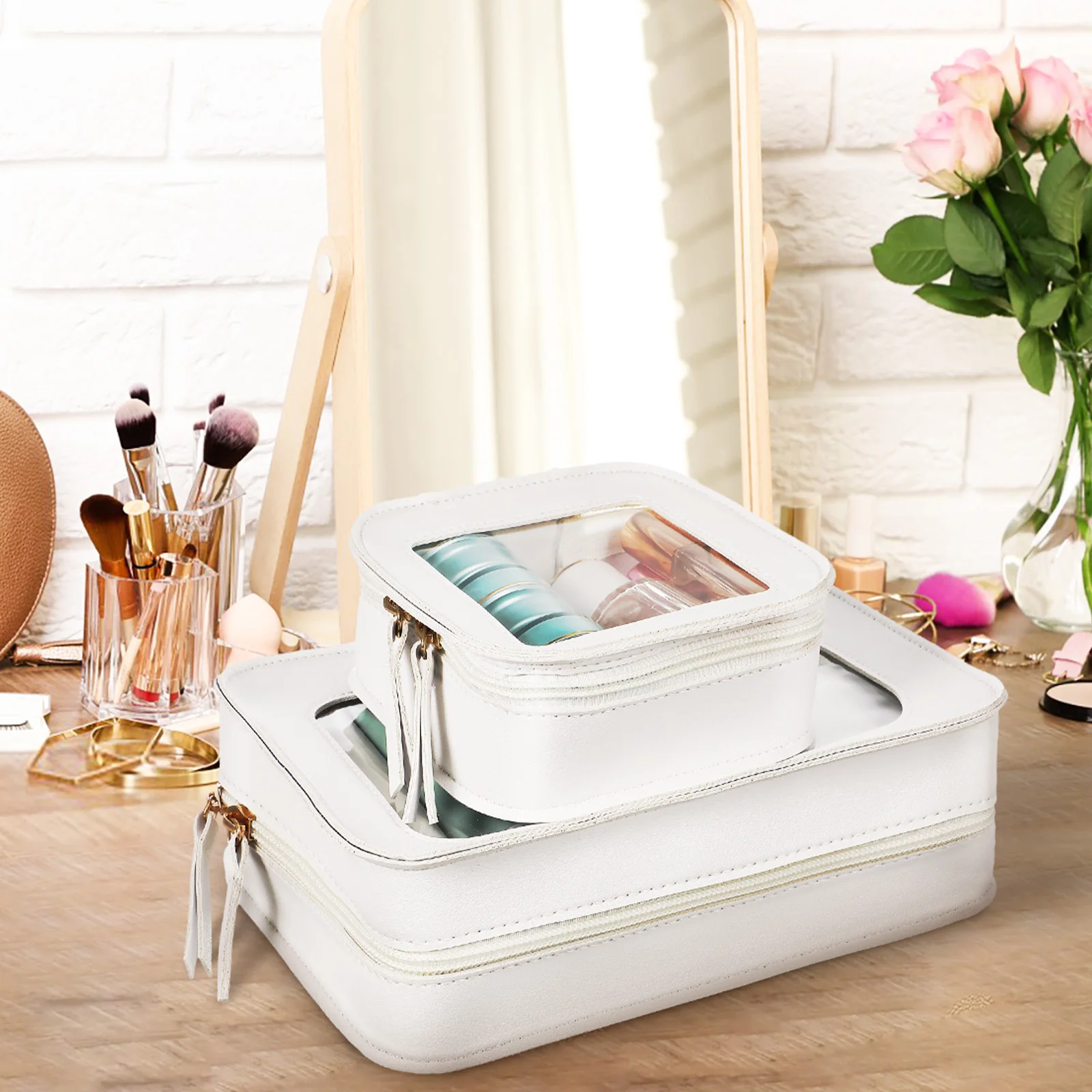 

2Pcs Clear Makeup Bags Square Pouch Transparent Design Large Capacity Portable Travel Toiletry Organizer Case for Women