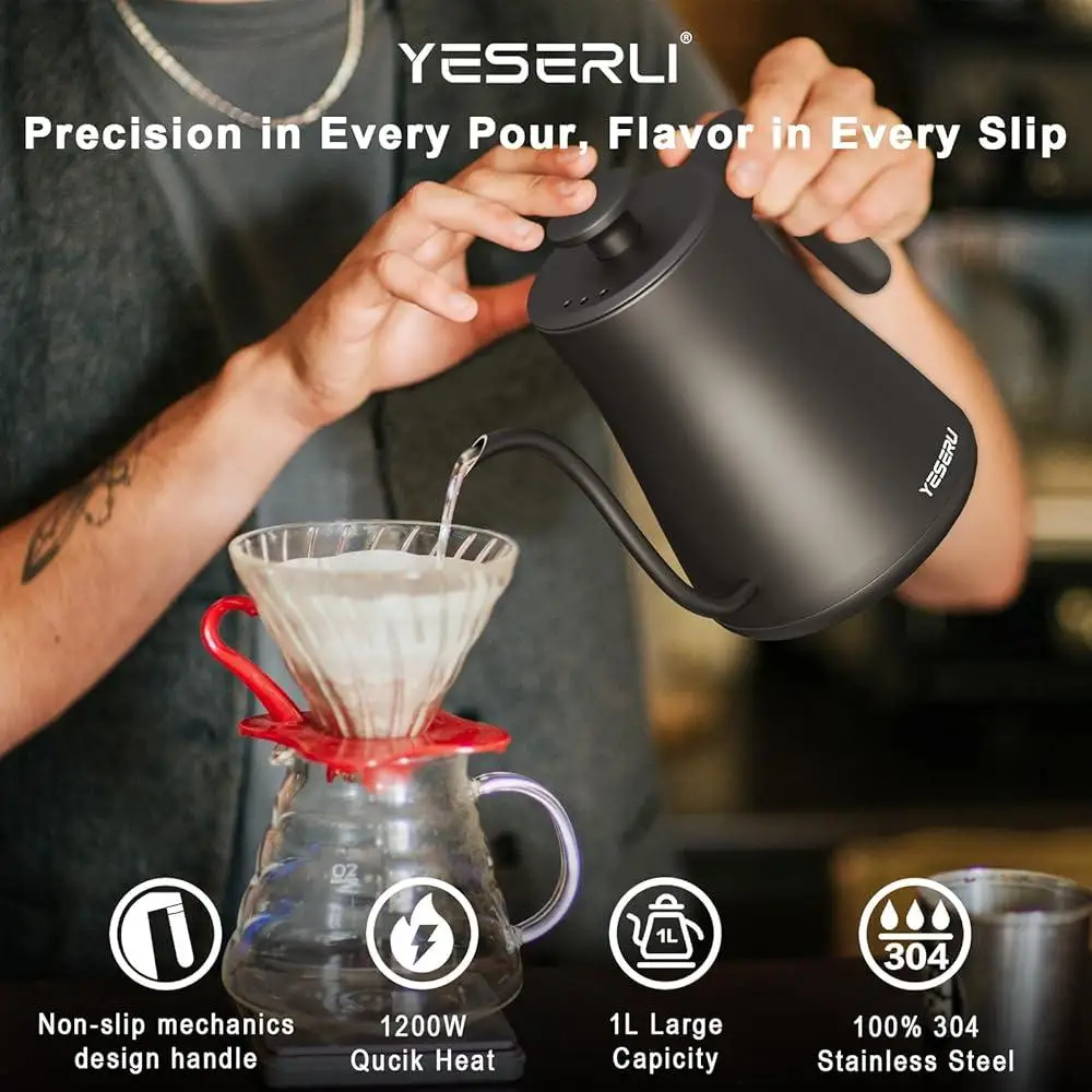 Hervidor eléctrico con cuello de cisne de 1200 W ±1 ℉   Control de temperatura Pantalla digital Despeje sobre café Té 12H Mantenga el pico sin goteo de ebullición rápida caliente