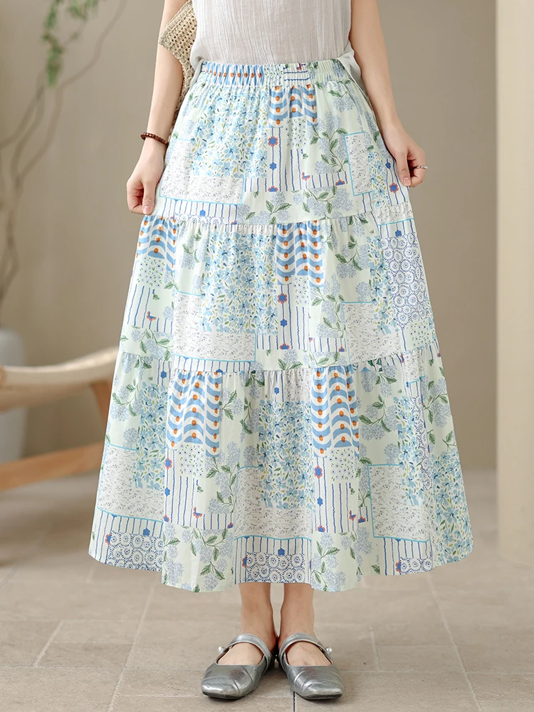 

Summer New Style Women's Floral Print A-Line Skirt Elastic Waist Slimming Blue Holiday High Waist Loose Fit Casual Skirt