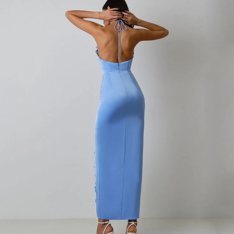 New Sexy Sky Blue Hanging Neck Decorative Flower Dress, Women\'s Hem Split Ruffle Edge Small ceremonial dressDress Long Style