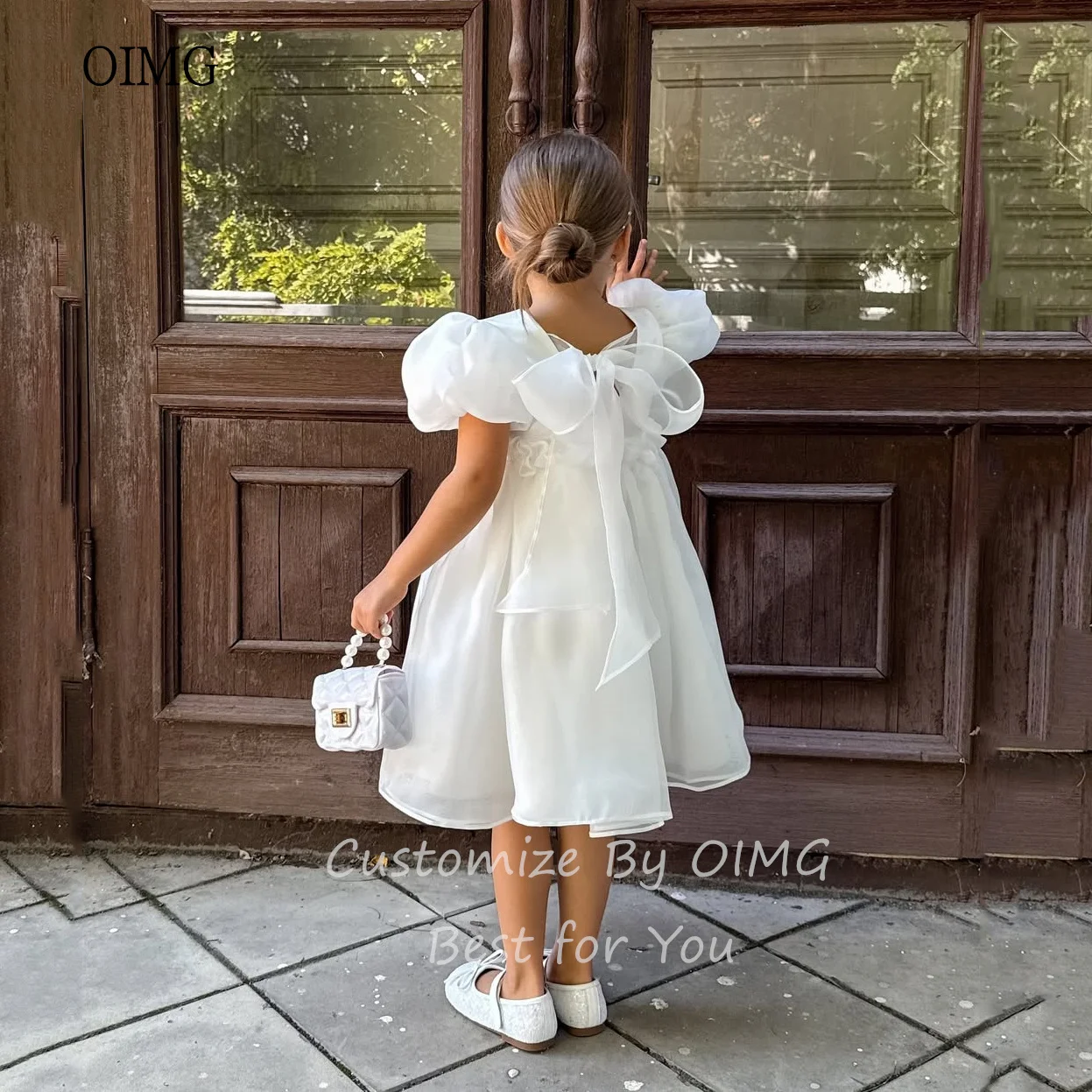 OIMG 아이보리 오 넥 A 라인 플라워 걸 드레스 퍼프 슬리브 무릎 길이 웨딩 파티 드레스 생일 성찬식 맞춤형