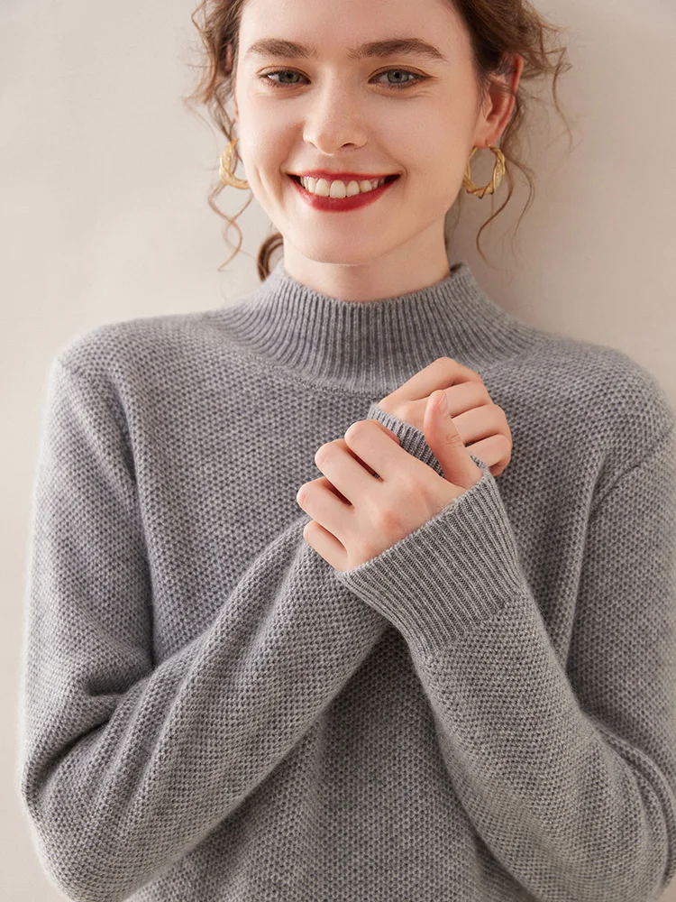 

New Autumn Winter Cashmere Sweater For Women Mock Neck Long Sleeve Reticular Solid Color Wool Pullover Higt-Quality Casual Tops