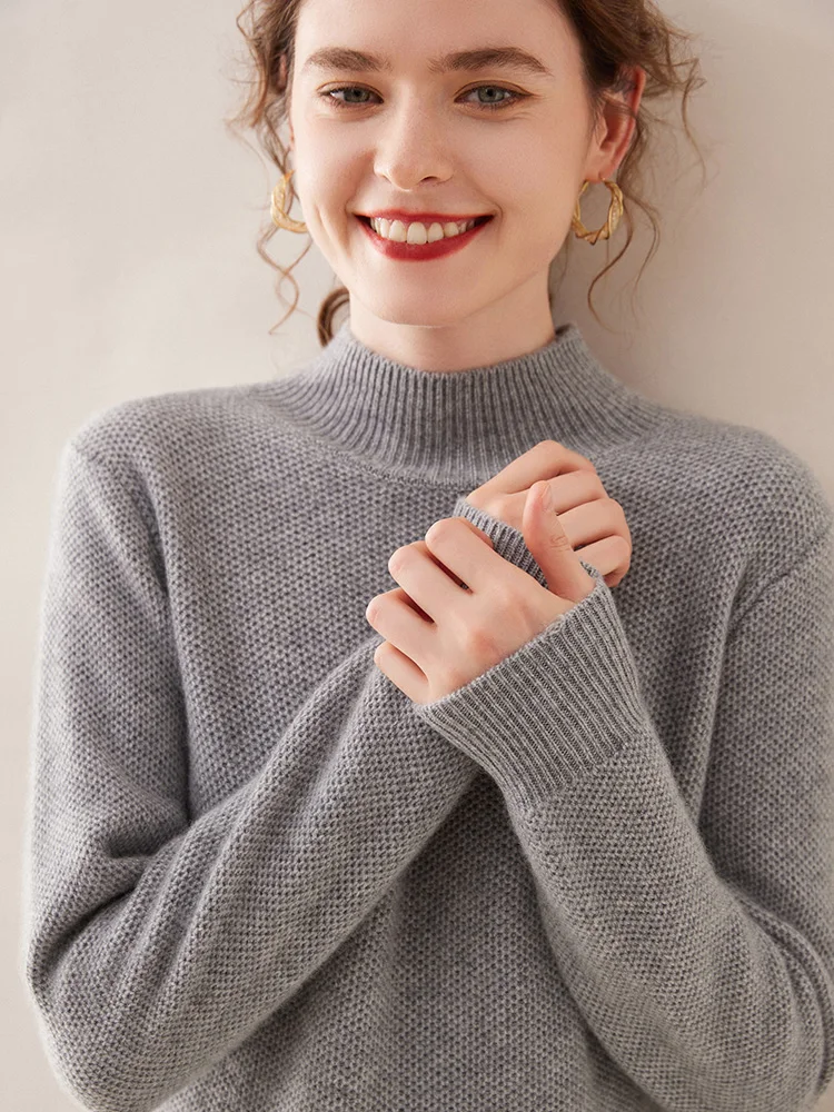 New Autumn Winter Cashmere Sweater For Women Mock Neck Long Sleeve Reticular Solid Color Wool Pullover Higt-Quality Casual Tops