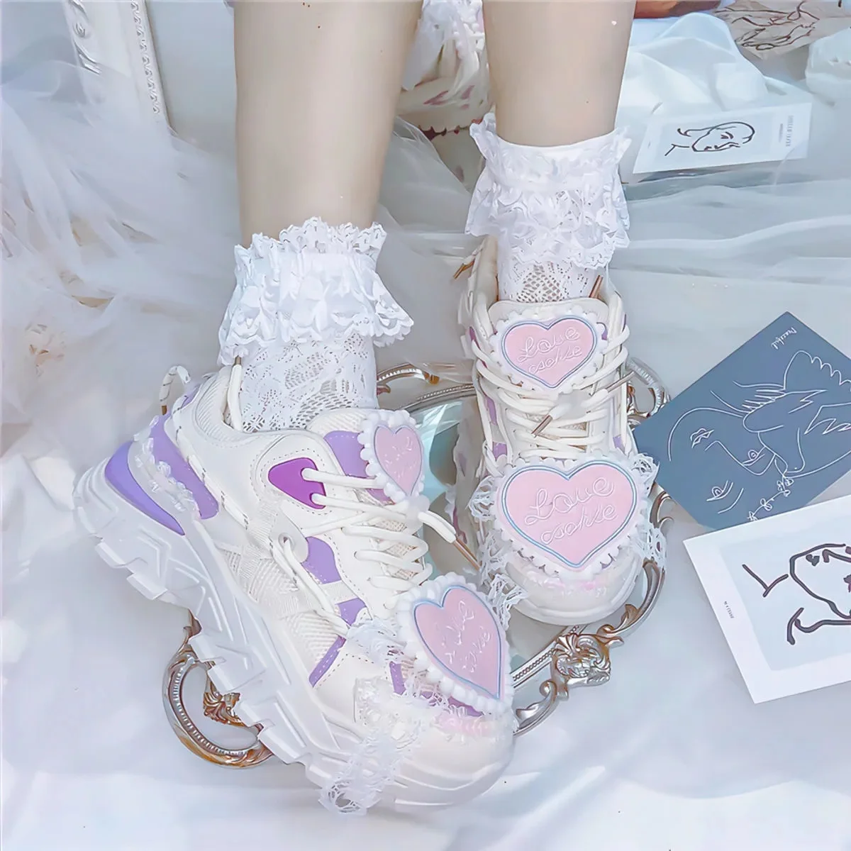 Japanese College Sports Style Shoes Cosplay Victoria Cute Girl Round Head Thick Bottom Mesh Lace Letters Love Thick Bottom Shoes