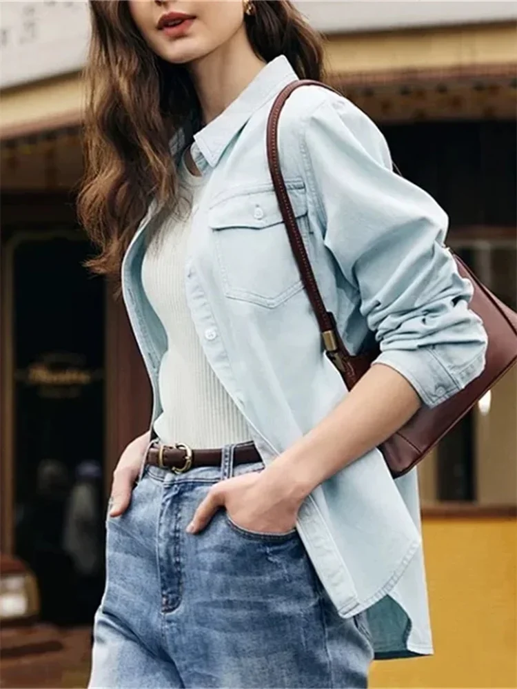 

Women's Denim Blouse 2024 New Spring Turn Down Collar Single Breasted Vintage Simple Long Sleeve Shirt