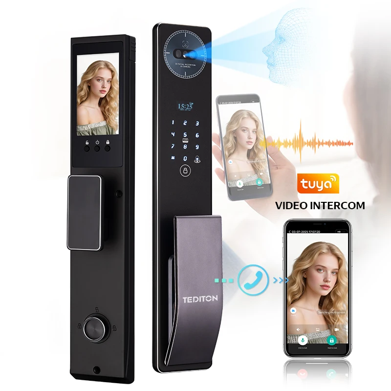 Tediton facial recognition smart door lock 6068 mortise fingerprint Tuya wireless digital smart lock with home camera