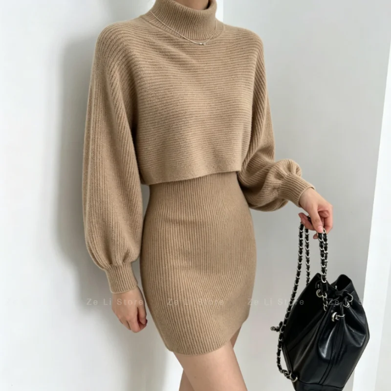Solid Women Chic Autumn Winter French Sleeveless Knit Vest Short Dress + Long Sleeve Pullover Turtleneck Sweater Two-piece Set