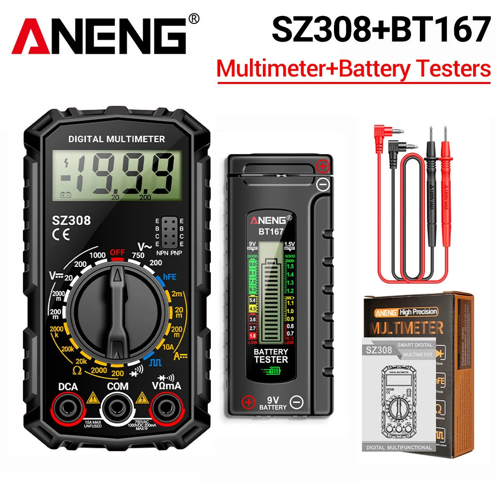 ANENG SZ308 Digitale Multimeter 1999 Counts AC DC Spanning Stroom Weerstandstester Gratis Cadeau BT167 Batterijtester Detector Gereedschap