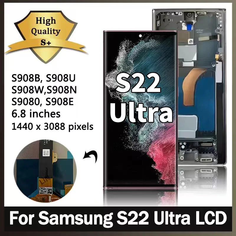 프레임 터치 스크린 디지타이저 디스플레이, 삼성 S22 울트라 S908B/DS S908N S908U S908E 용 AMOLED 디스플레이, 6.67 인치 프레임 터치 스크린 디지타이저 디스플레이, 삼성 S22 울트라 S908B/DS S908N S908U S908E 용 AMOLED 디스플레이, 6.67 인치