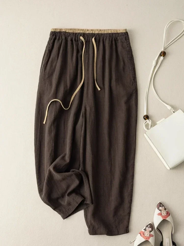 Elastic Drawstring Waist Casual Pants Summer Retro Cotton Linen Loose Harem Pants Basic Versatility Wide-leg Ankle-Length Pants