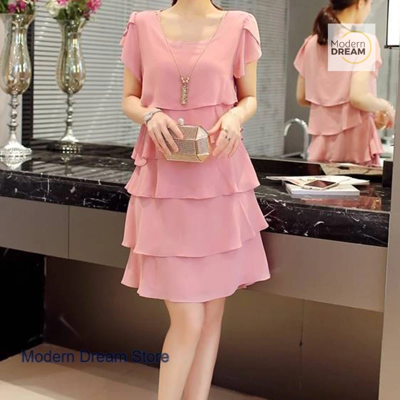 

French chiffon shirt solid color round neck solid color dress women's summer new women's design loose short-sleeved skirt