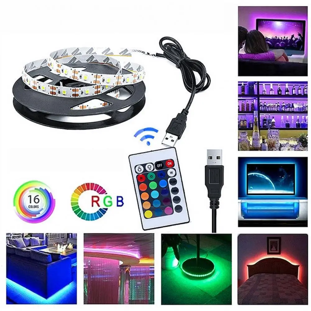 고휘도 IR 원격 제어 LED 스트립 조명, 부드러운 조명, 조도 조절식 자체 접착 장식, 2835 RGB DC 5V USB 테이프 조명