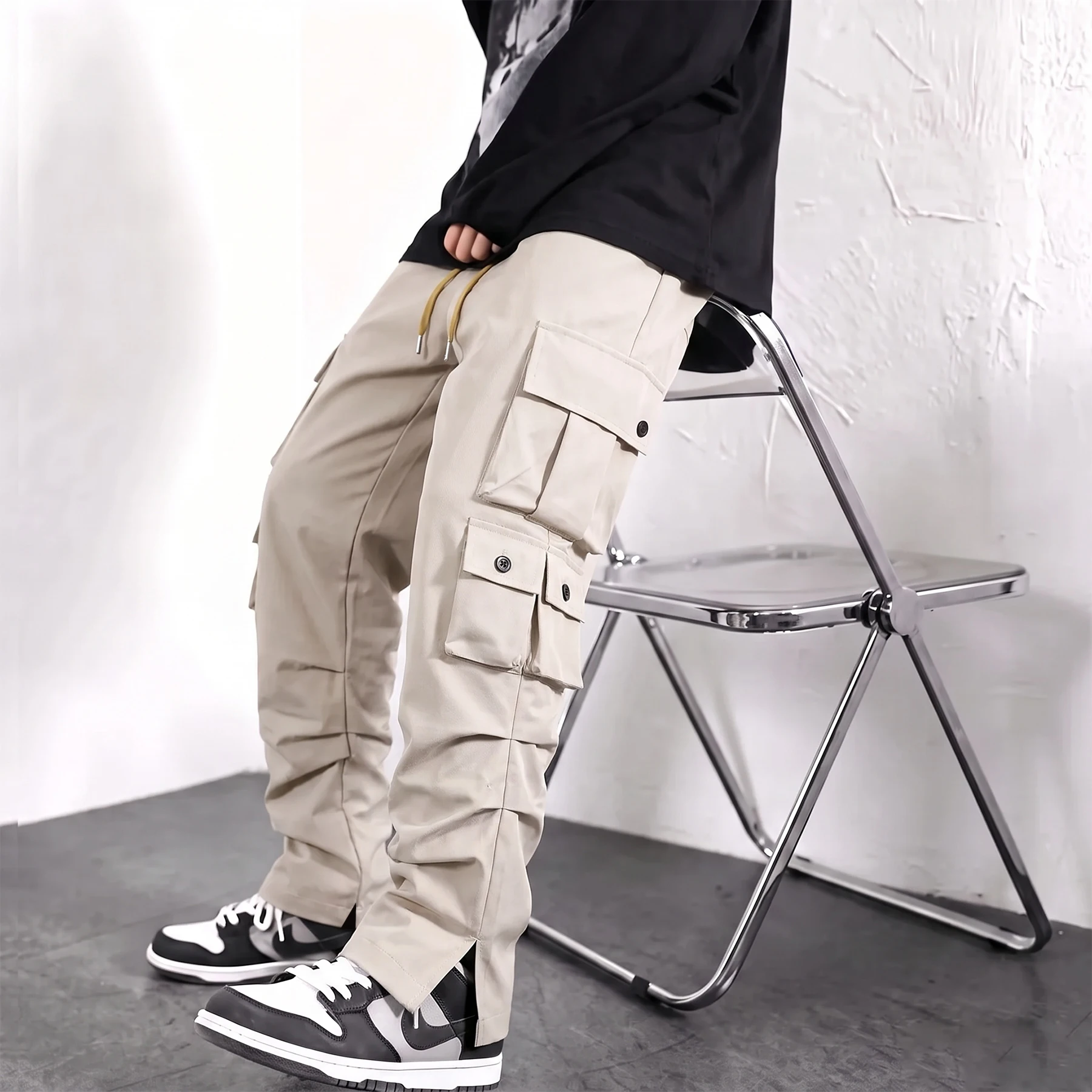 Men's Straight Leg Workwear Cargo Pants Elastic Drawstring Waist Multi Pocket Casual Trousers Outdoor Streetwear Pants for Men
