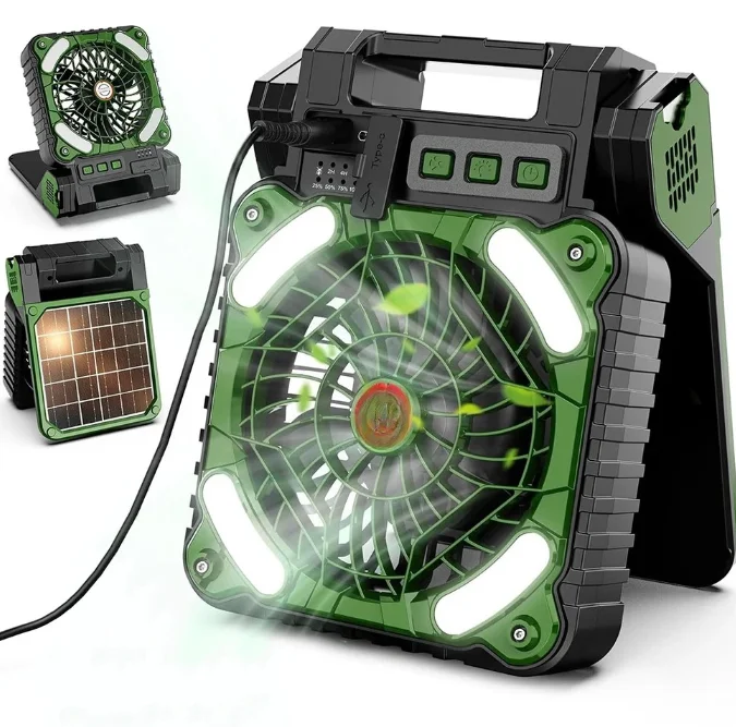 Linterna LED Solar Portátil de 7800mAh, Ventilador de Camping Recargable con Energía Solar, 4 Velocidades, Viento Potente 90 °   Ventilador Plegable