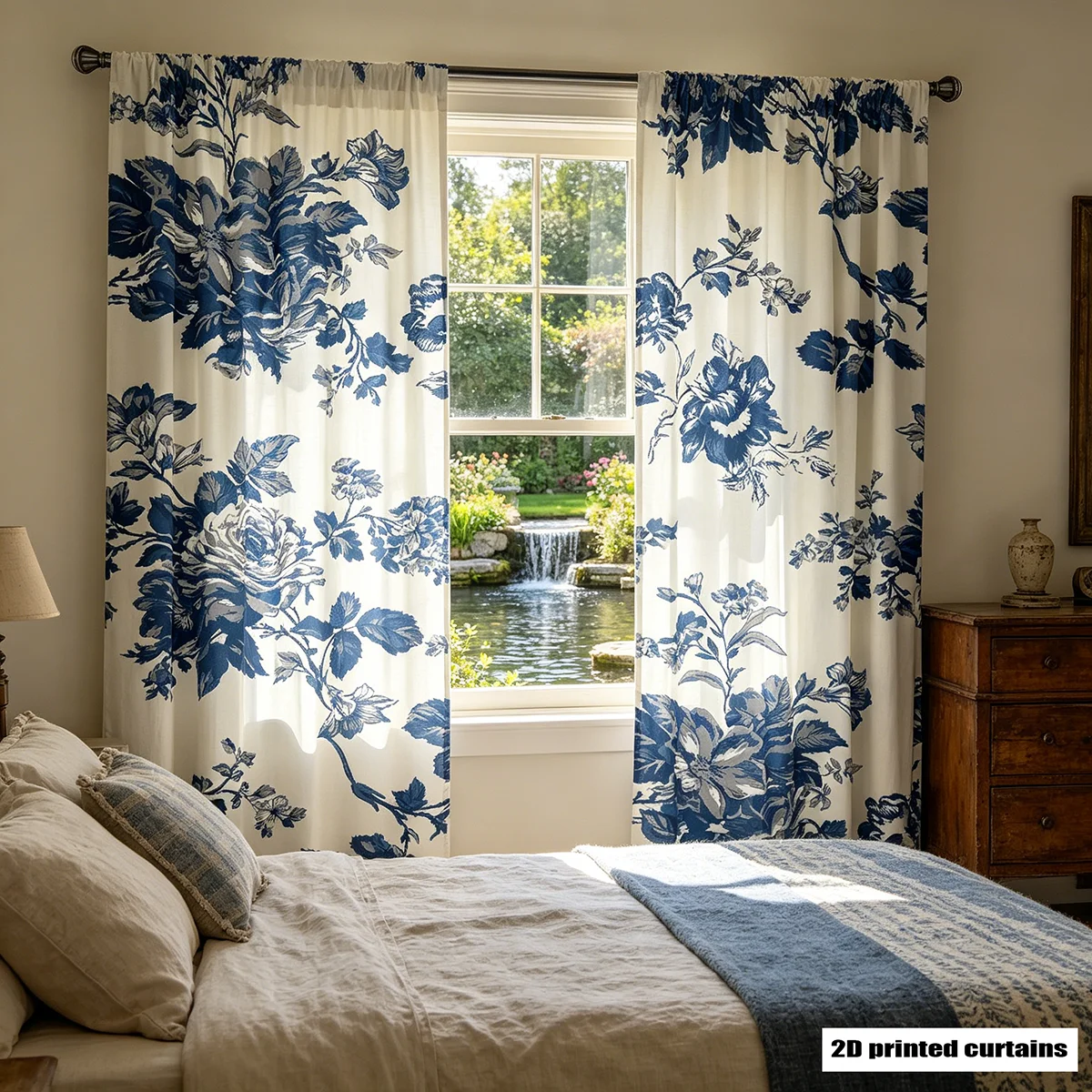 2PCS Blue And White Chinoiserie Floral Pattern Curtains Window Treatment Floral Print Curtain Panels for Decor