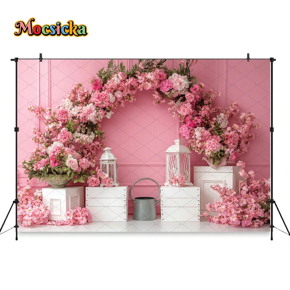 Pink Flower Garland Wall Photography Background Spring Garden White Lantern Backdrop Decor Girl Kids Birthday Photocall Studio